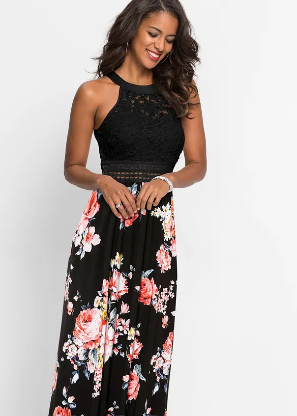 Gebloemde maxi zomerjurk met een kanten lijfje, bonprix