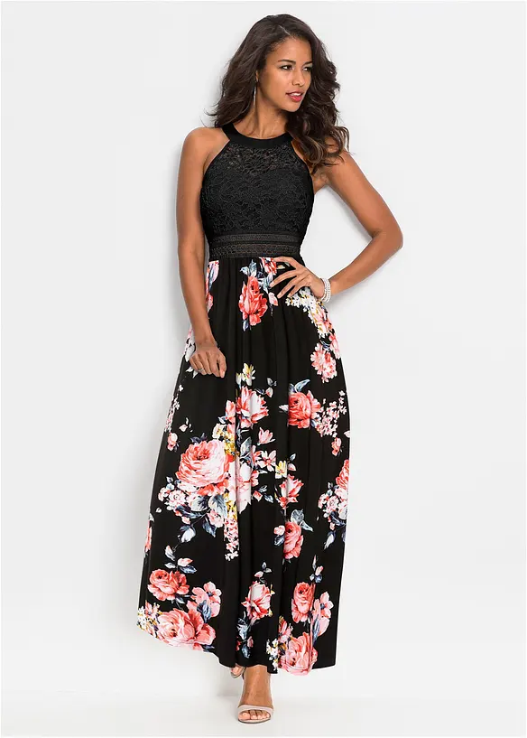 Gebloemde maxi zomerjurk met een kanten lijfje, bonprix