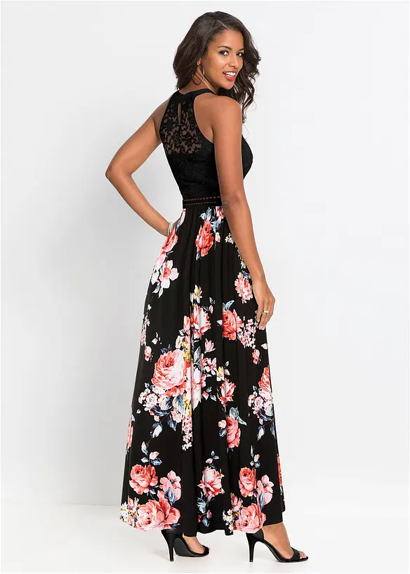Gebloemde maxi zomerjurk met een kanten lijfje, bonprix