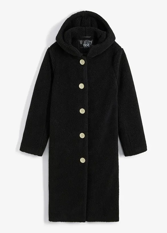 Lange teddy jas met capuchon en zakken, bonprix