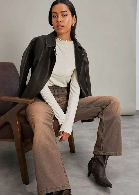 Wide leg jeans met vintage wassing, high waist, bonprix