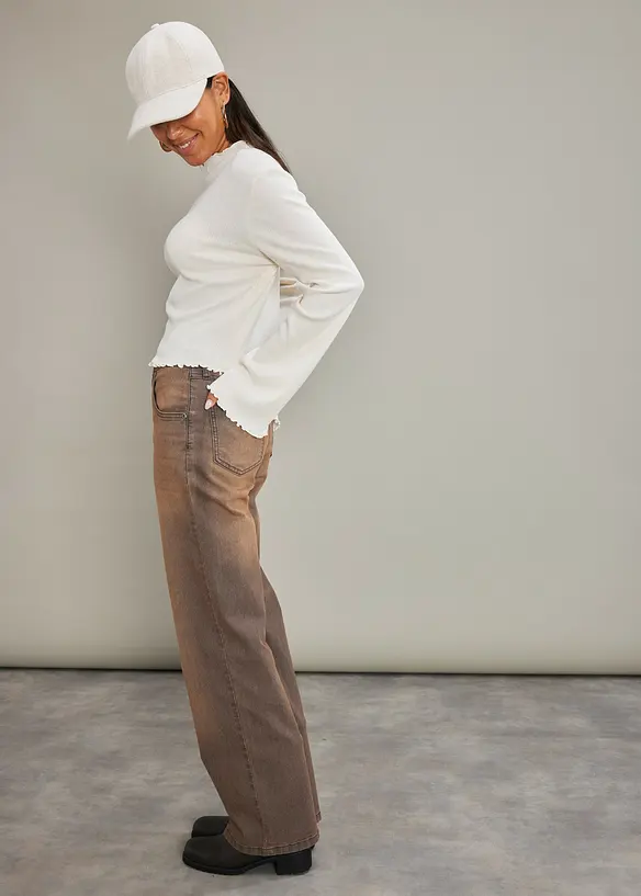 Wide leg jeans met vintage wassing, high waist, bonprix