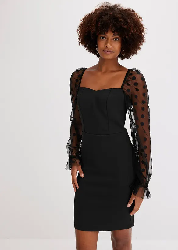 Mini jurk van stevig scuba met gestippelde mesh mouwen, bonprix
