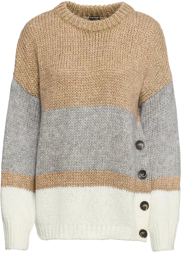 Oversized trui met strepen en knoopjes, bonprix