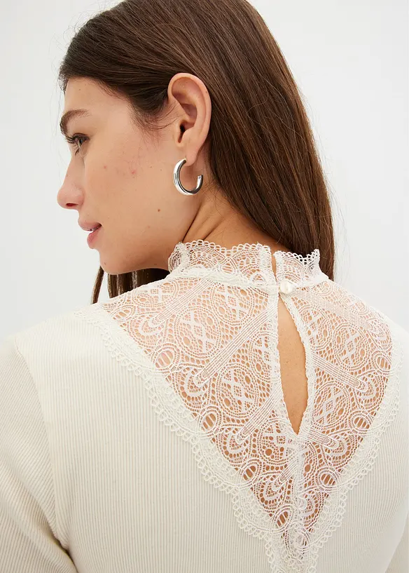 Geribd shirt met kanten halslijn, bonprix