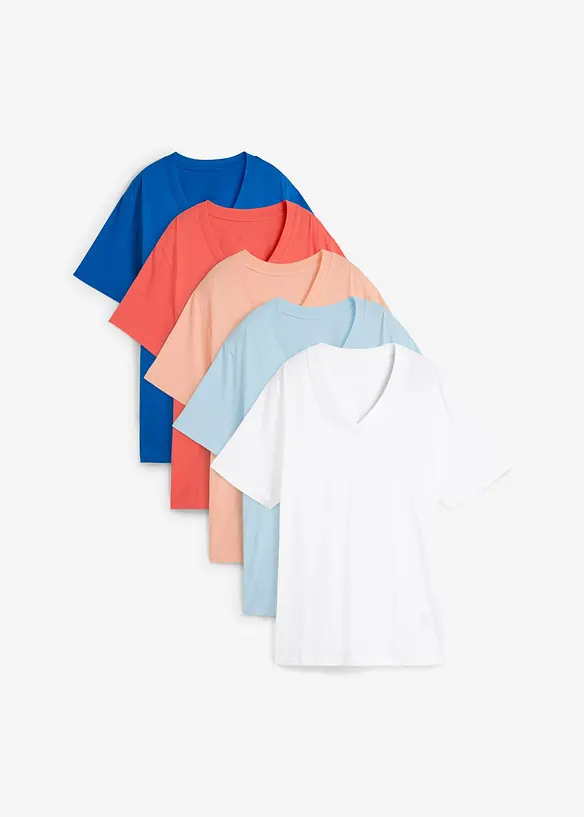 Wijd longshirt met V-hals, korte mouw  (set van 5), bonprix