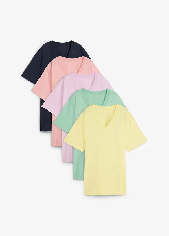 Wijd longshirt met V-hals, korte mouw  (set van 5), bonprix