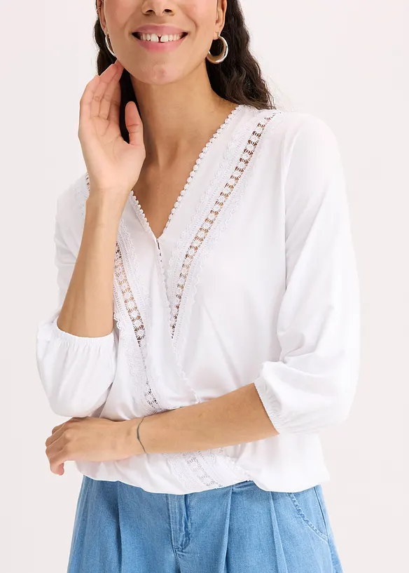 Shirt met 3/4 mouwen en kant in een wikkelllook, bonprix