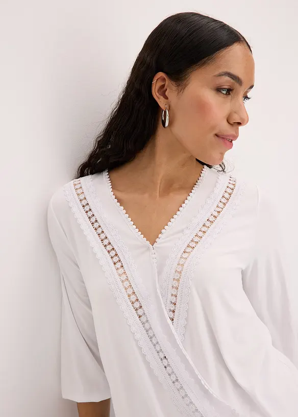 Shirt met 3/4 mouwen en kant in een wikkelllook, bonprix