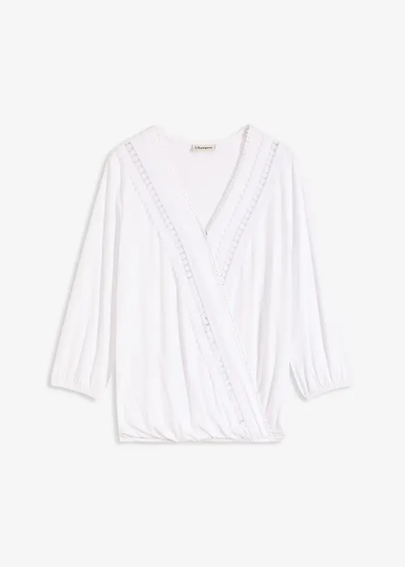 Shirt met 3/4 mouwen en kant in een wikkelllook, bonprix