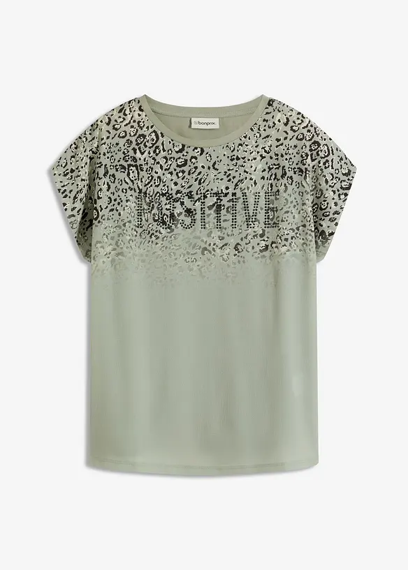 Shirt met geweven inzetstuk en glinsterende steentjes, bonprix