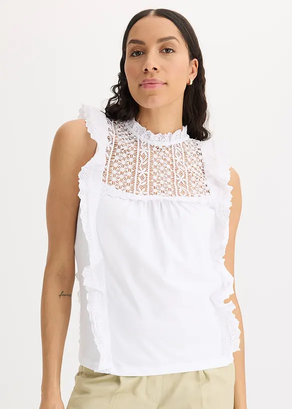 Jersey top met broderie anglaise, bonprix