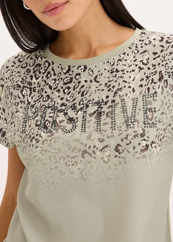 Shirt met geweven inzetstuk en glinsterende steentjes, bonprix