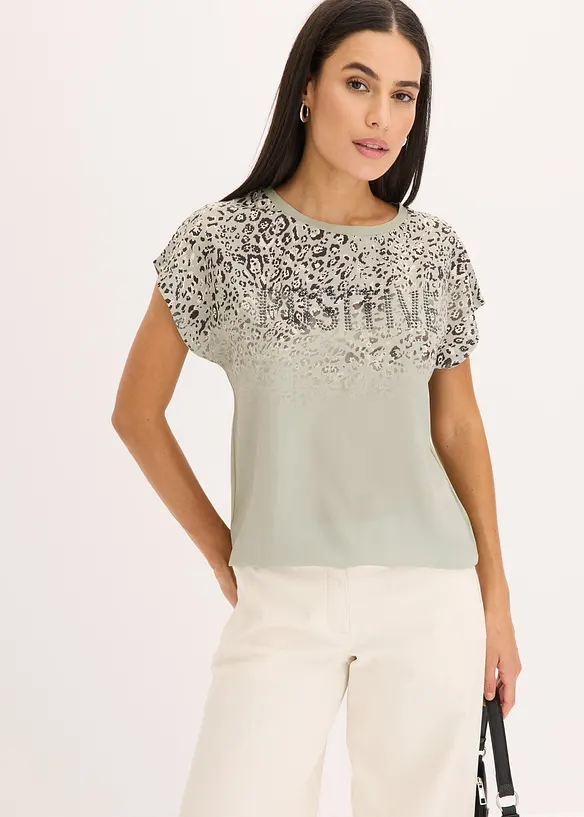 Shirt met geweven inzetstuk en glinsterende steentjes, bonprix