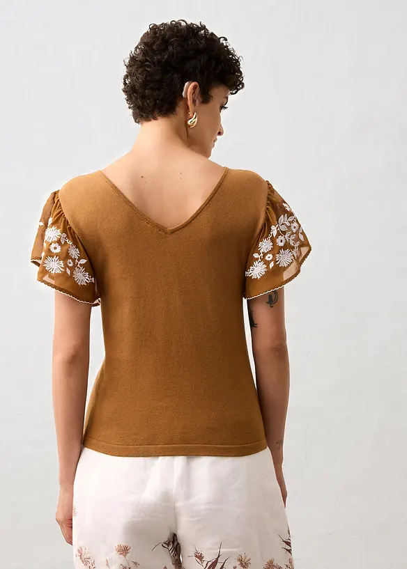 Gebreide top met zijde en mouwen van chiffon, bonprix