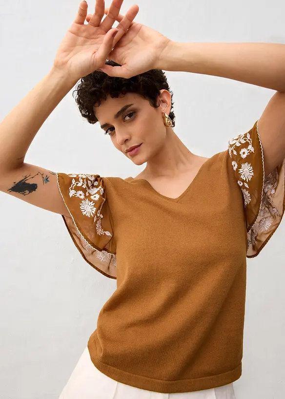 Gebreide top met zijde en mouwen van chiffon, bonprix