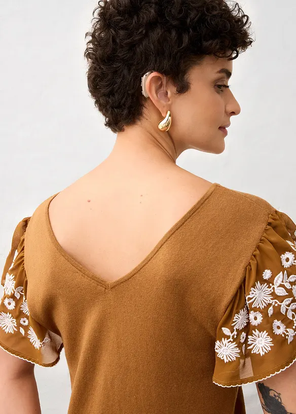Gebreide top met zijde en mouwen van chiffon, bonprix