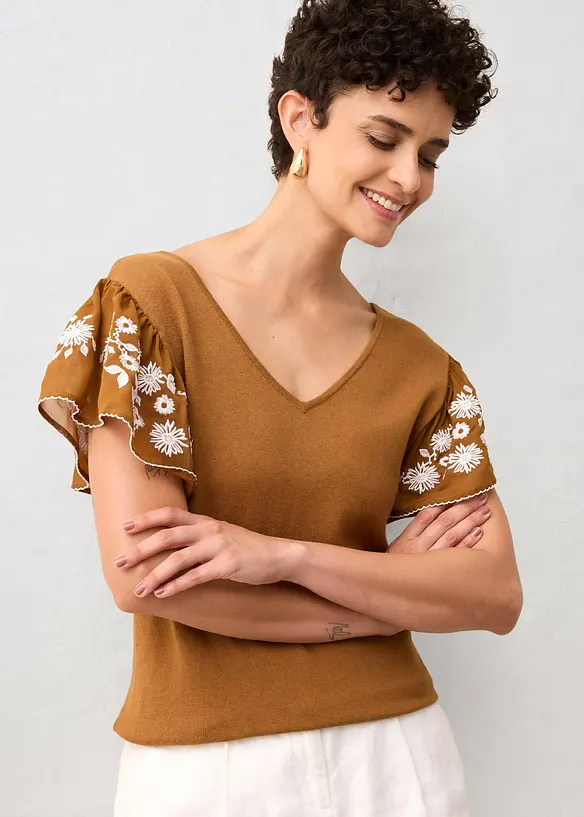 Gebreide top met zijde en mouwen van chiffon, bonprix