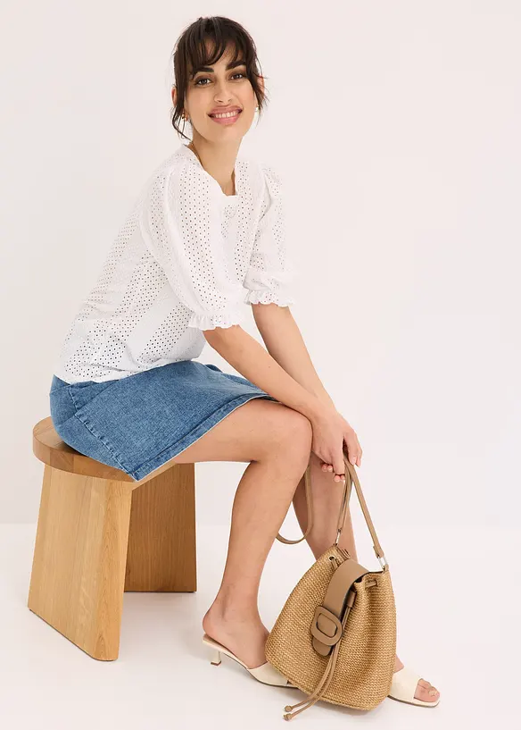 Shirt met broderie anglaise en volants, bonprix