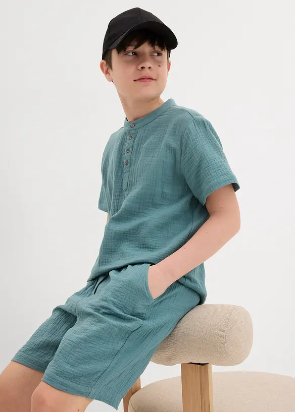 Shirt met korte mouwen en opstaande kraag van zachte mousseline, bonprix