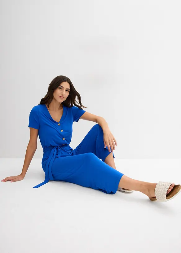 Jersey jumpsuit met V-hals, korte mouw, bonprix