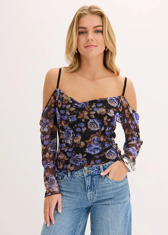Cold shoulder shirt van lichte mesh, bonprix