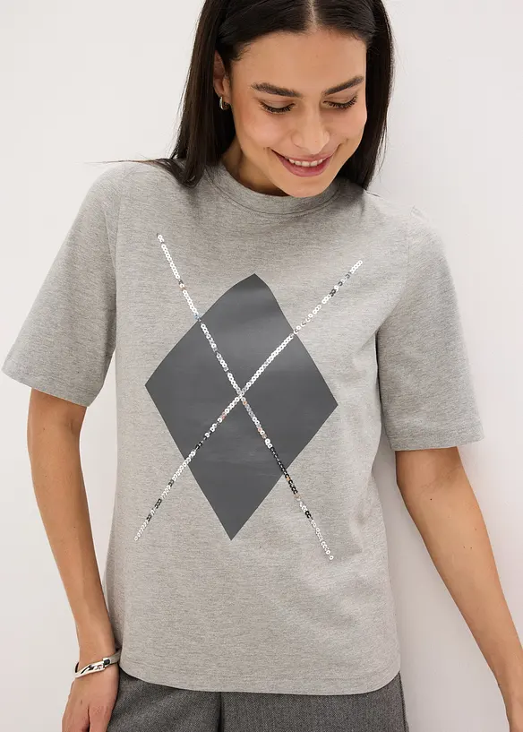 Shirt met halflange mouwen, pailletten en print, bonprix