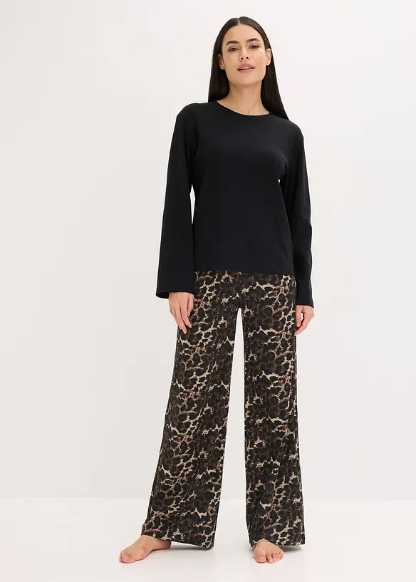 Pyjama met geribd shirt en wijde broek, bonprix