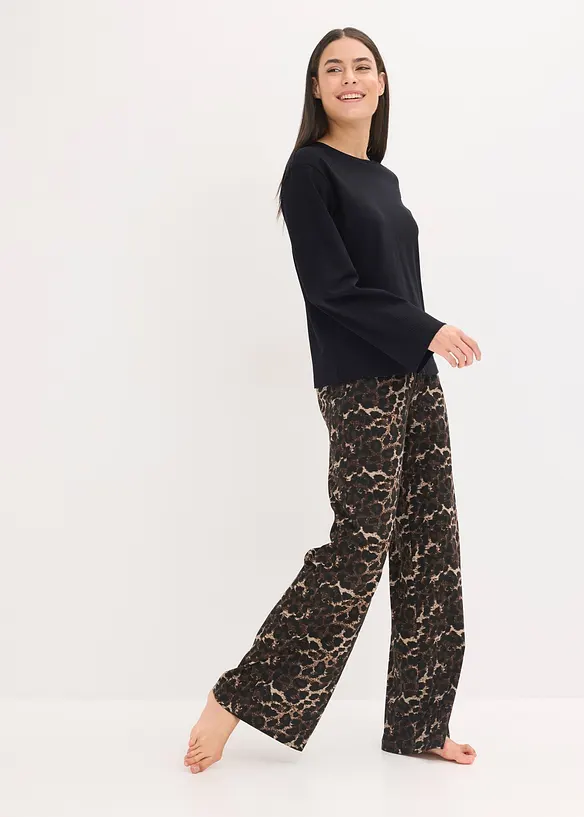 Pyjama met geribd shirt en wijde broek, bonprix