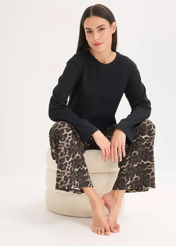 Pyjama met geribd shirt en wijde broek, bonprix