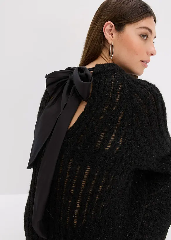 Gebreide minijurk met satijnen strik en pailletten, bonprix