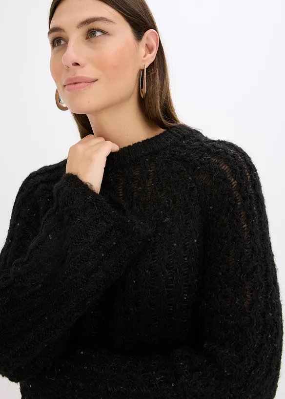 Gebreide minijurk met satijnen strik en pailletten, bonprix