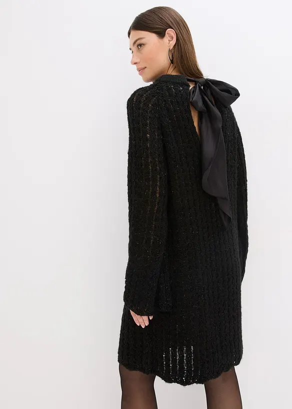 Gebreide minijurk met satijnen strik en pailletten, bonprix