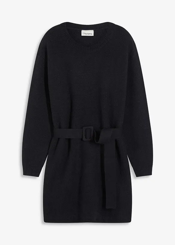 Korte gebreide jurk met zachte wol en riem, bonprix