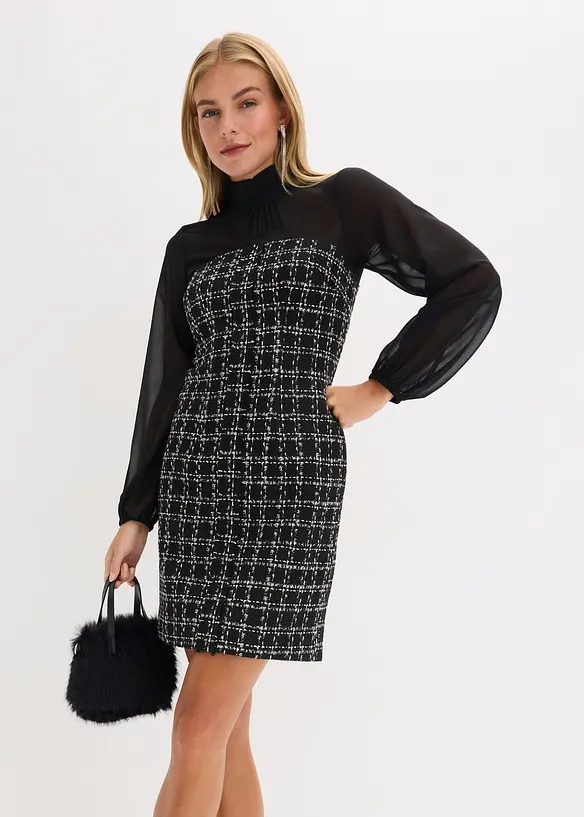 Mini jurk van bouclé met mouwen van chiffon, bonprix