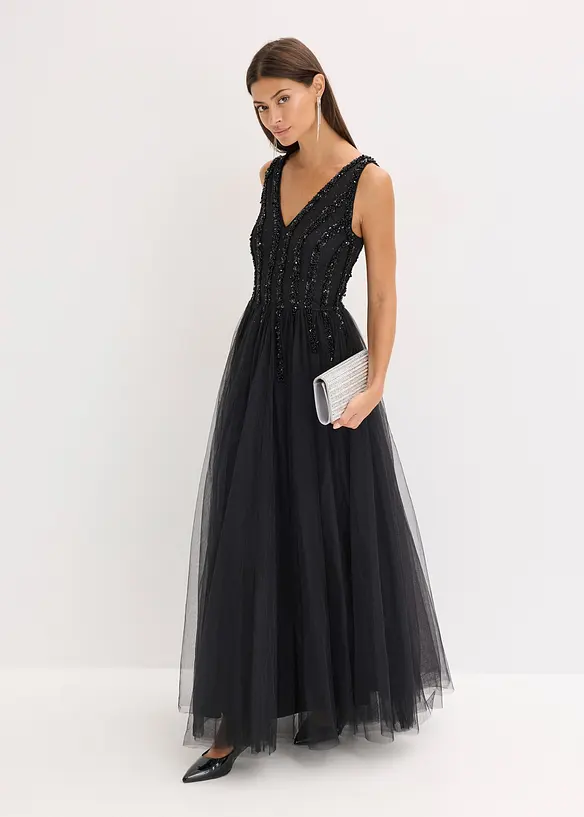 Maxi jurk van fijne tule met paillettenborduursel, bonprix