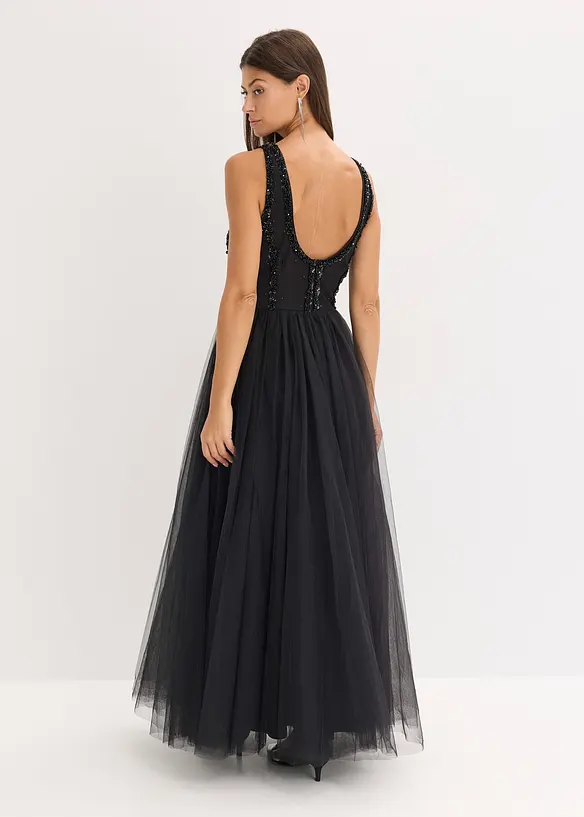 Maxi jurk van fijne tule met paillettenborduursel, bonprix