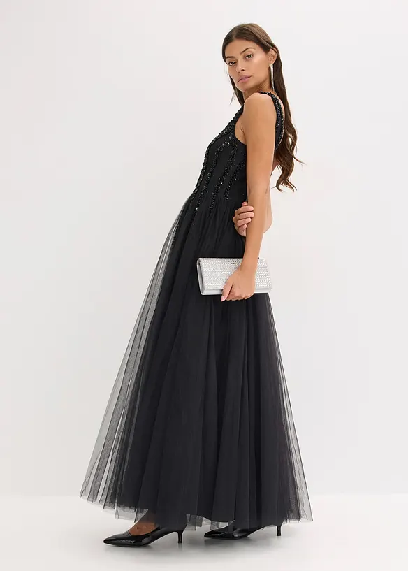 Maxi jurk van fijne tule met paillettenborduursel, bonprix