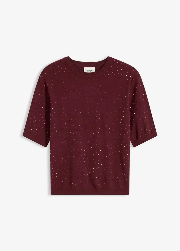 Fijngebreide trui met halflange mouwen en glittersteentjes, bonprix