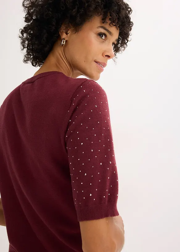 Fijngebreide trui met halflange mouwen en glittersteentjes, bonprix