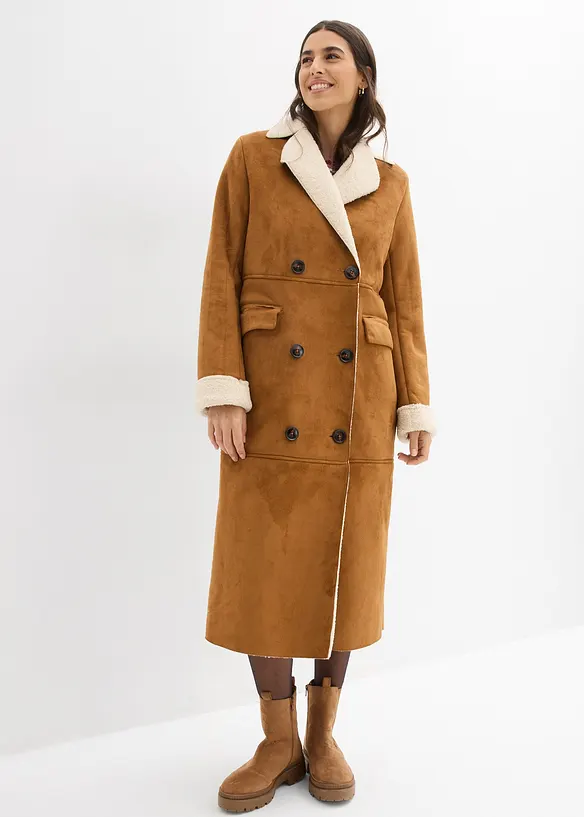 Lange imitatieleren jas met warme teddy voering, bonprix