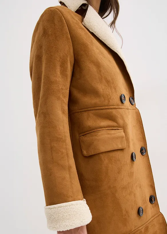 Lange imitatieleren jas met warme teddy voering, bonprix