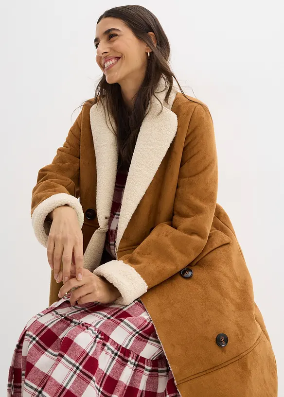 Lange imitatieleren jas met warme teddy voering, bonprix