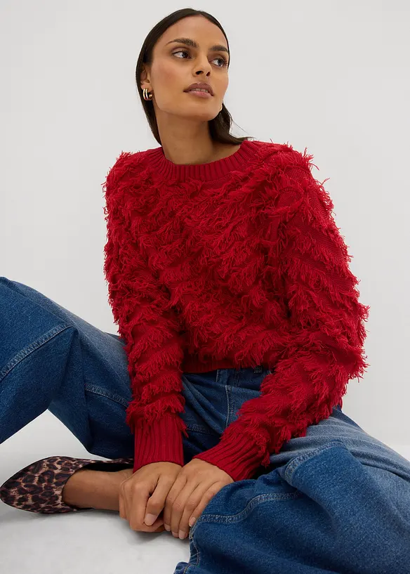 Grof gebreide trui met franjes, bonprix