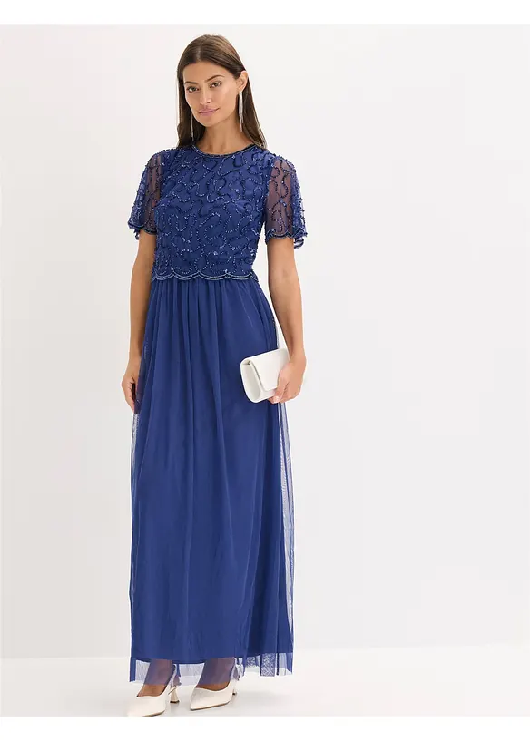 Maxi jurk van fijne tule met paillettenborduursel, bonprix