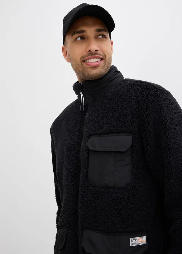 Teddyfleece jas met geweven rand en opstaande kraag, bonprix