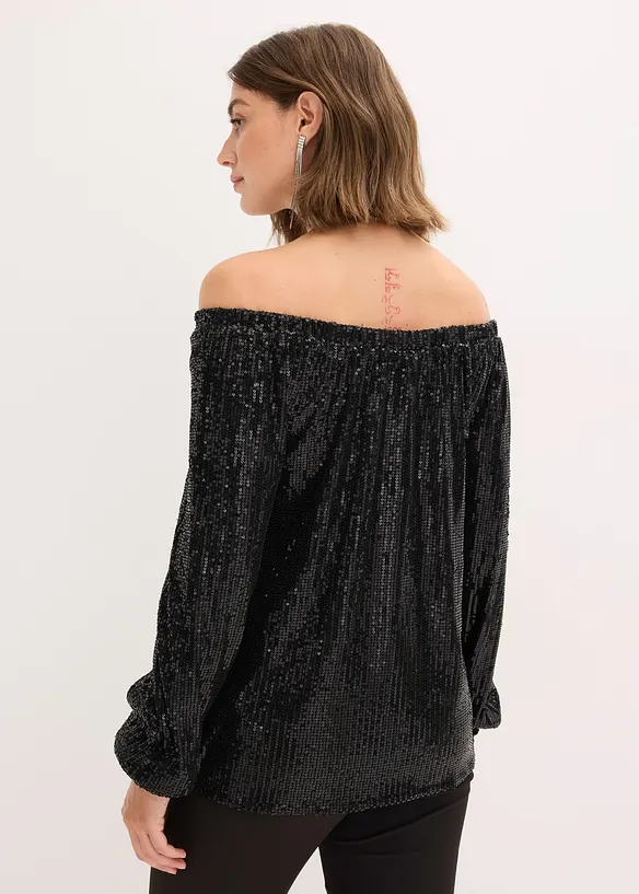 Oversized carmen-shirt met pailletten, bonprix