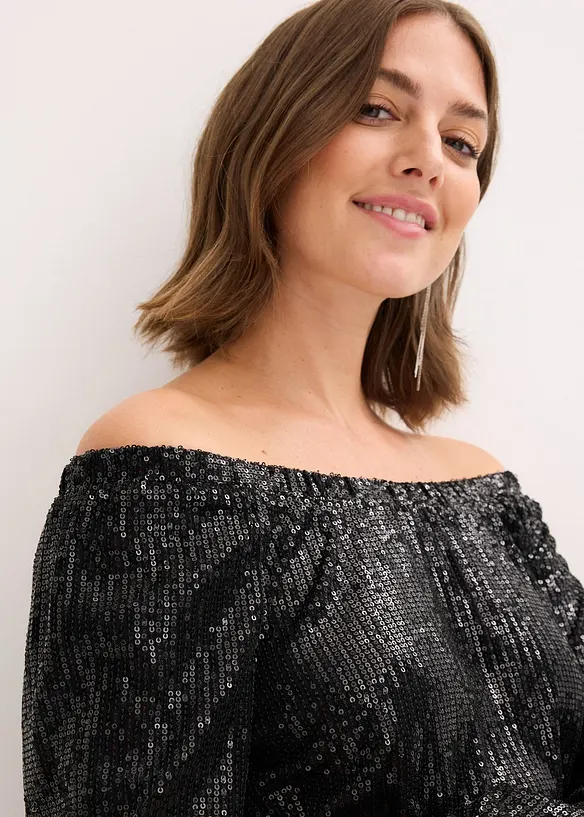Oversized carmen-shirt met pailletten, bonprix