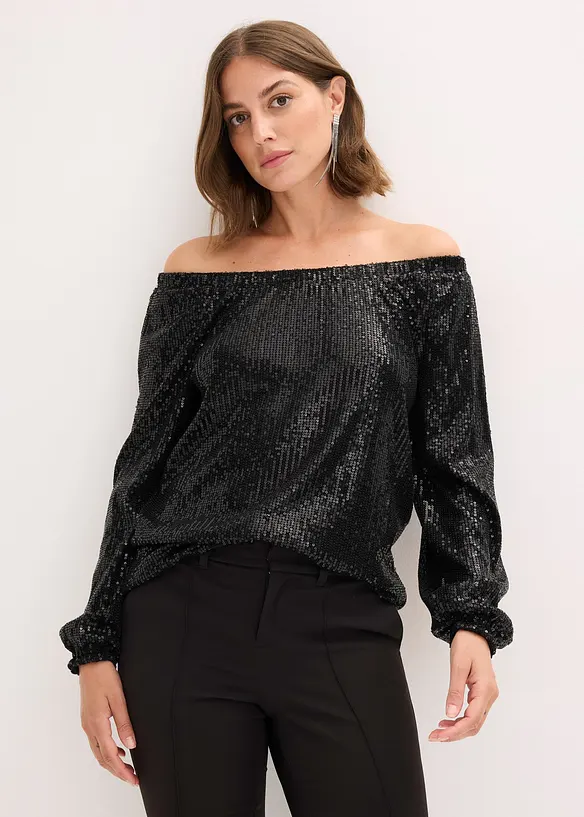 Oversized carmen-shirt met pailletten, bonprix