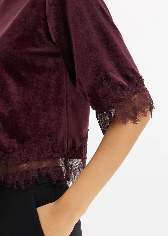 Shirt van fluweel met kant, bonprix